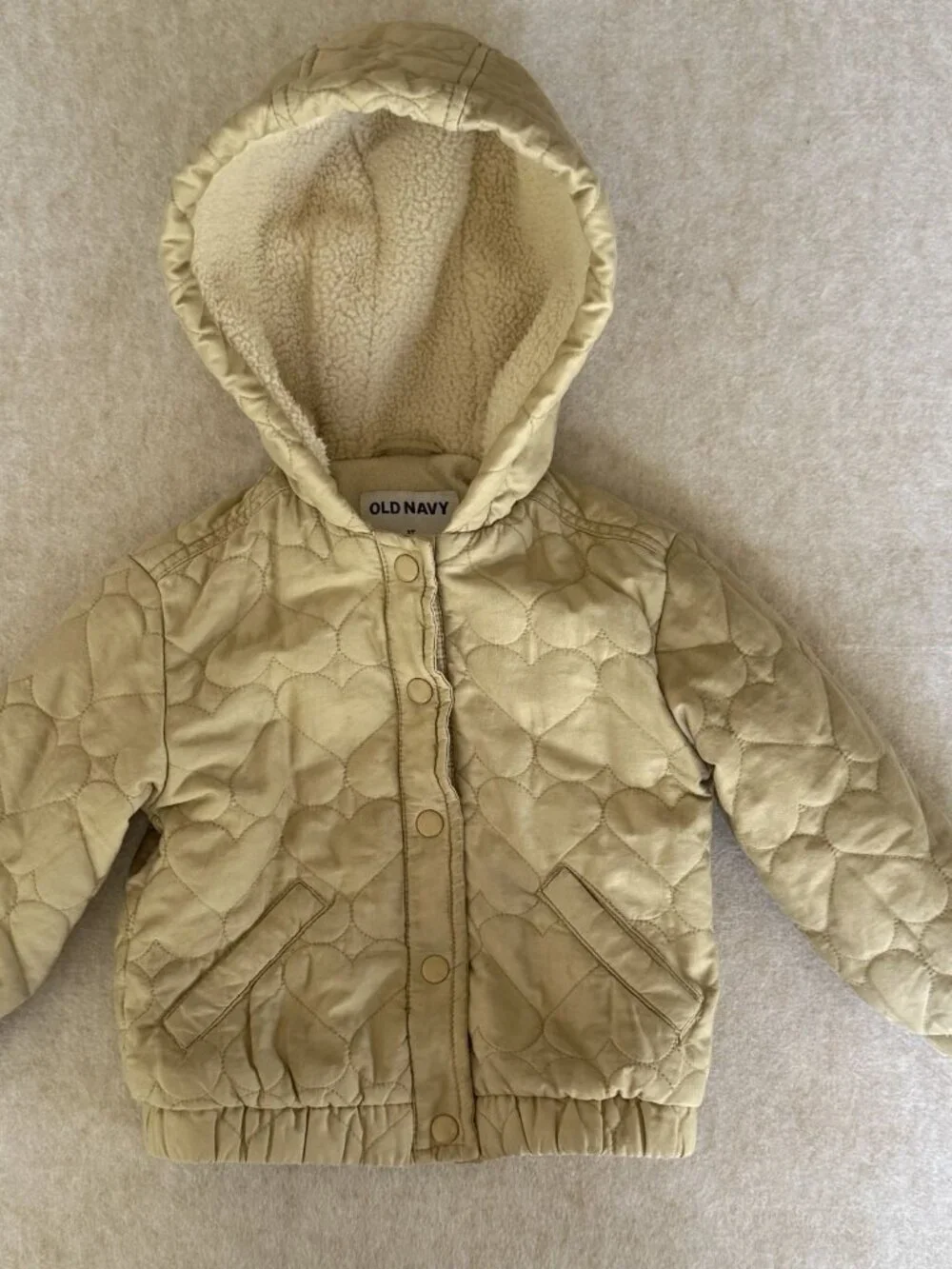 Toddler 3T Quilted Boho Jacket Beige Heart Print Button Up Cotton Lined